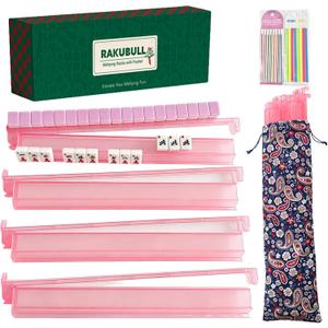 18.7inch Mahjong Racks with Pushers and Bag Set of 4 All-in-One Tile Rack | Clear Acrylic Mahjong Tile Holder for American Mahjongg Accessories and Mahjong Night Gifts,Gift-Ready Packaging,Pink, Standard