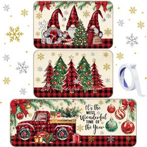 Drydiet 3 Pcs Christmas Kitchen Rug and Mats Red Black Buffalo Plaid Winter Kitchen Floor Mat Anti Fatigue Non Slip Vintage Gnome Xmas Tree Truck Throw Rug for Home Office Bathroom Farmhouse Decor