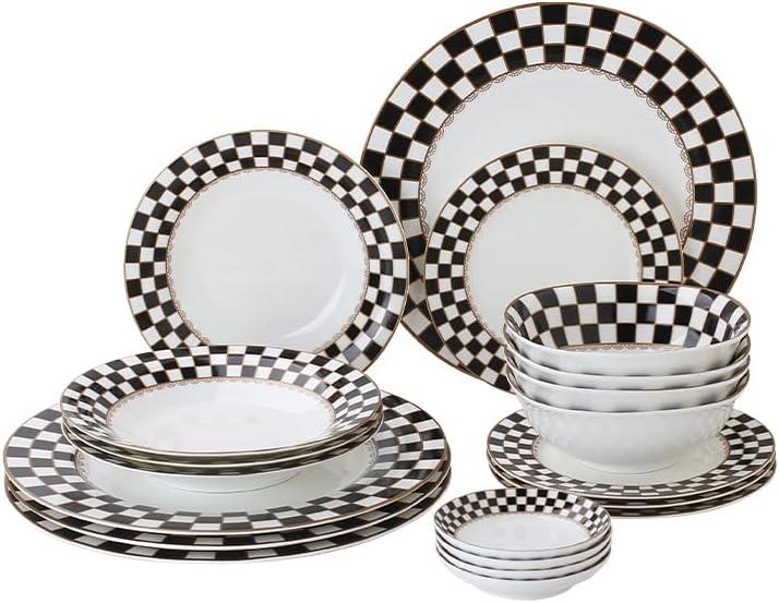 Porlien Checker Pattern 20-piece Round Dinnerware Set for 4, Porcelain Dinner Sets, 11 inches