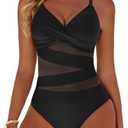 Dridreo Women's Sexy Mesh Tummy Control Swimsuits V Neck Push Up One Piece Bathing Suits Slimming Swimwear, S