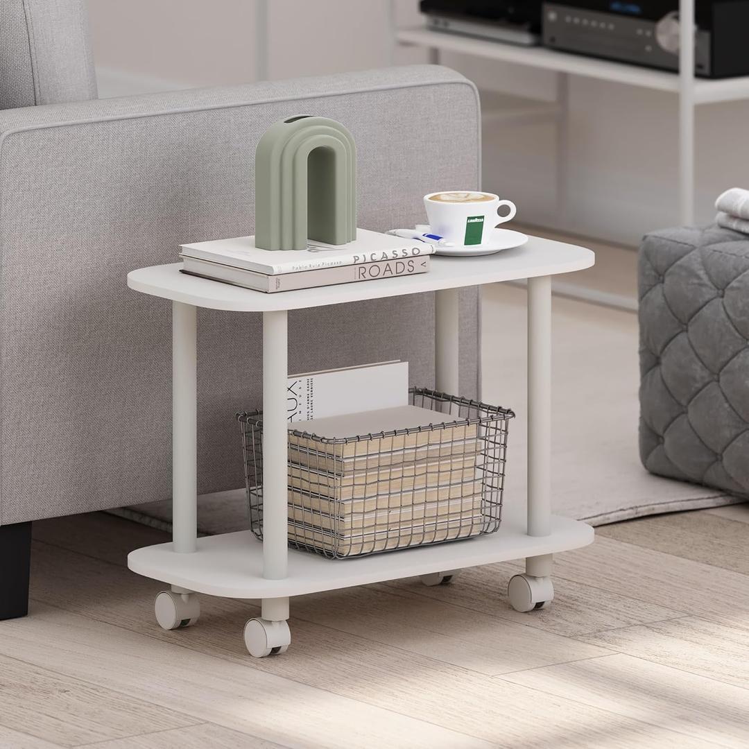 Furinno Turn-N-Tube 2-Tier Oval Sofa Side Table with Wheels, Round Corner End Table, Night Stand, Bedside Table with Open Shelf, Toolless Assembly, for Living Room, Bedroom, Plain White