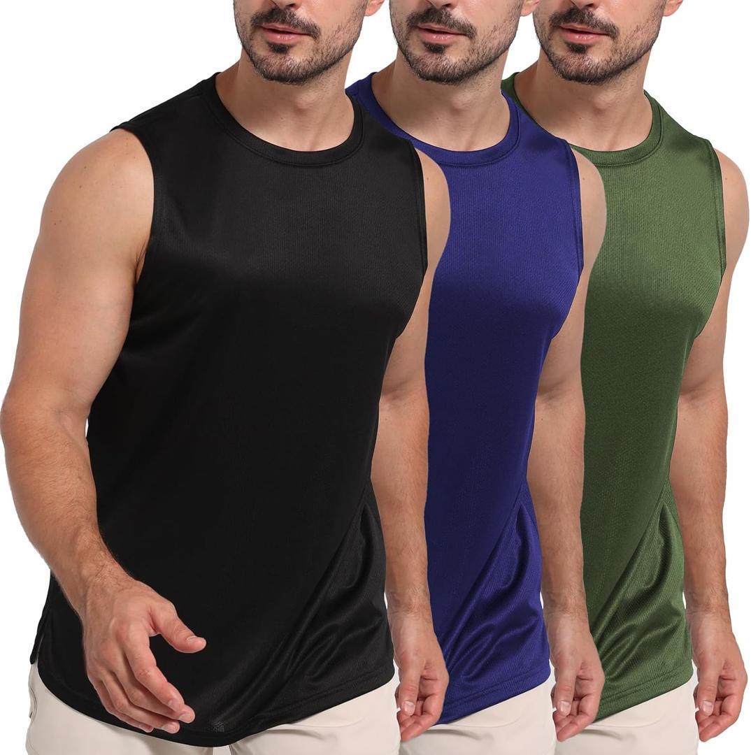 Mens Tank Tops Muscle Athletic Quick Dry Sleeveless Workout Fitness T Shirts for Men (Small, Black/Blue/Green(3pcs))