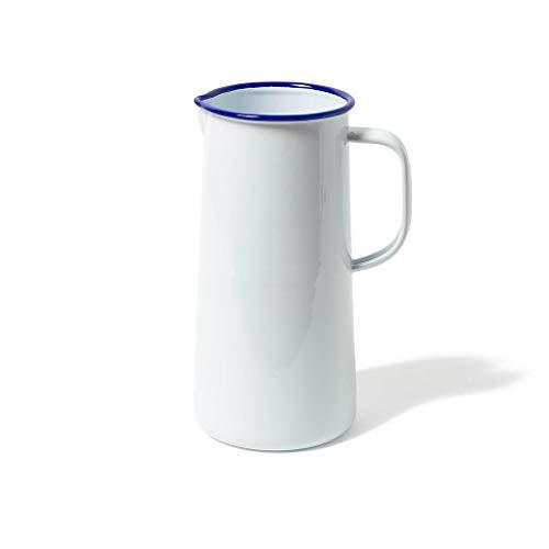 Falcon Enamelware Pitcher (57 oz), Metal Pitcher with Spout & Handle, Jug for Iced Tea, Water, Milk or Flower Vase, Dishwasher Safe, Oven Safe & Freezer Friendly (White with Blue Rim)