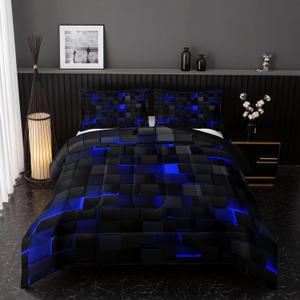 Neon Blue Black Comforter Set Queen Geometric Kids Bedding Set,3 PCS Geometry Honeycomb Bed Set Modern Quilt Set 1 Comforter 2 Pillow Cases Cool Room Decor All Season B-Side Black
