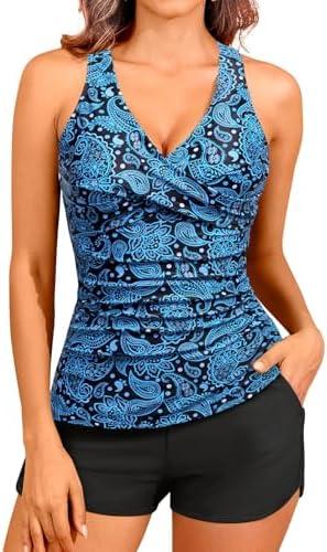 Women Tankini Swimsuits with Shorts - Two Piece Tummy Control Bathing Suits Top with Two Pockets Bottom Swimwear, M