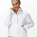 THE GYM PEOPLE Womens' Half Zip Pullover Fleece Stand Collar Crop Sweatshirt with Pockets Thumb Hole (White, S)