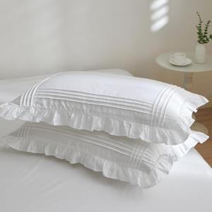 Ruffled Pillow Shams Queen Size Set of 2, 100% Cotton White Ruffle Pillow Cases with Pintucks, Farmhouse French Shabby Chic Pillowcases for Bedding, 20x30 Inch
