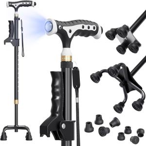 Hold 440 lbs Walking Cane for Seniors Aluminum Alloy Lightweight Height Adjustable Walking Stick Heavy Duty Foldbale Free Standing Cane with LED for Men and Women Adults, 38"