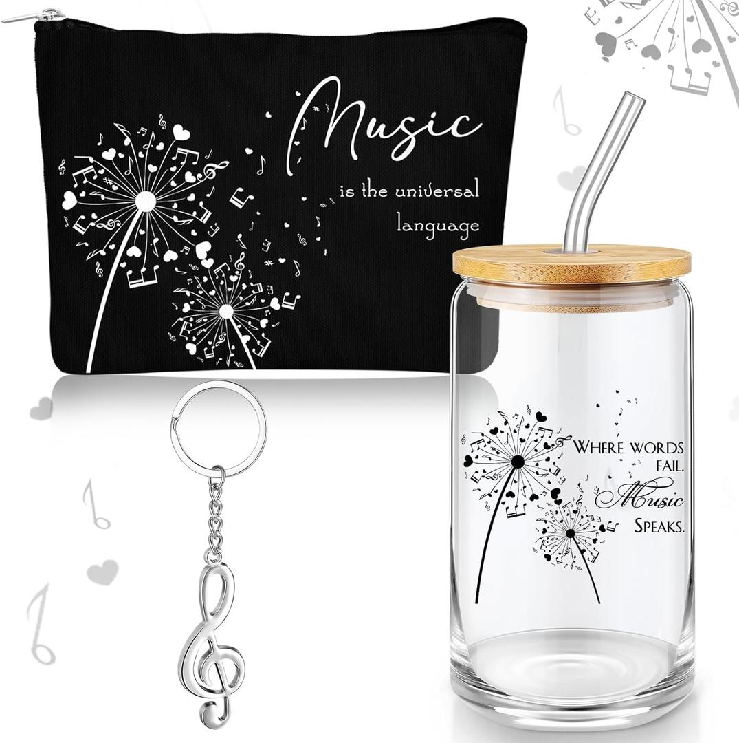 Sieral Music Lover Gifts for Women Christmas Music Teacher Gifts Glass Cup Musical Zipper Pouch Note Keychain for Woman Mother Sister Daughter