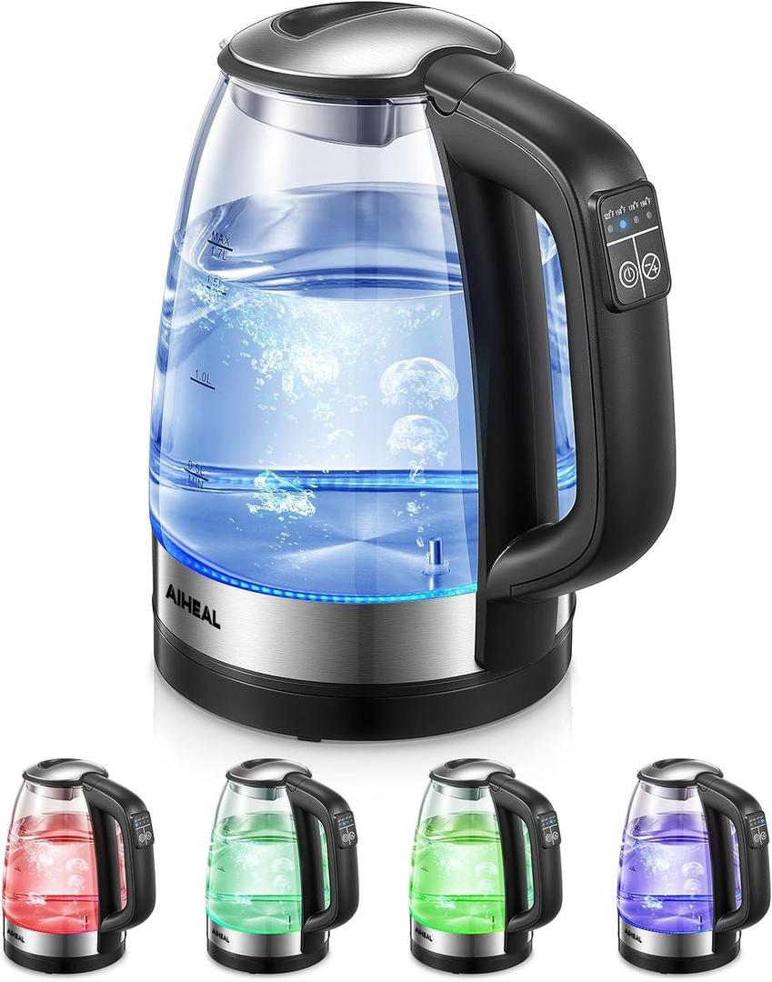 Electric Kettle, Aiheal Glass Kettle Temperature Control With 5 Colors LED Lights Variable, Keep Warm, Fast Boiling Electric Kettle, Stainless Steel Inner Lid & Bottom, 1.7L