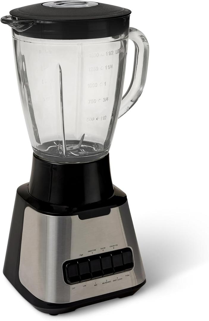 Amazon Basics Powerful 700W Countertop Blender with 6-Cup (50 Fl. Oz) Glass Jar, 6 Pre-Programmed Functions, Ice Crush, Stainless Steel Blades, Black & Silver