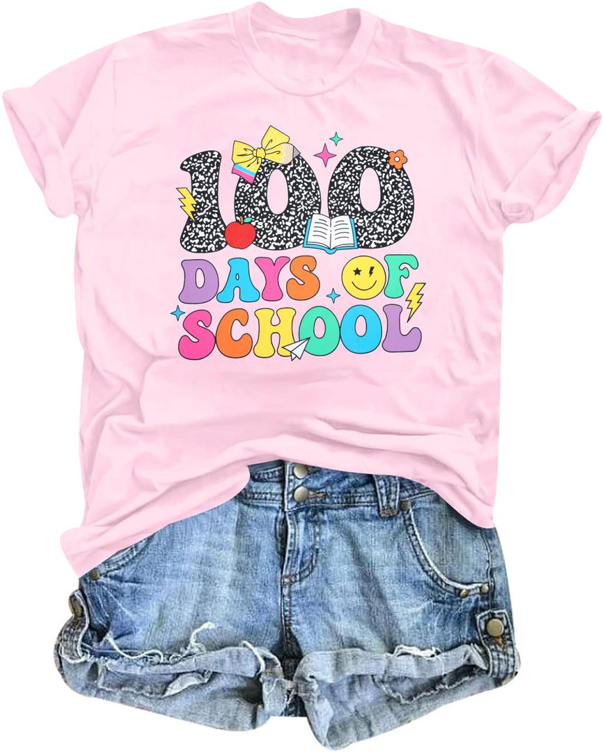 100 Days of School Shirt Women Teacher Life Shirts Funny 100th Day of School Celebration Gift Tops Pink, XXL