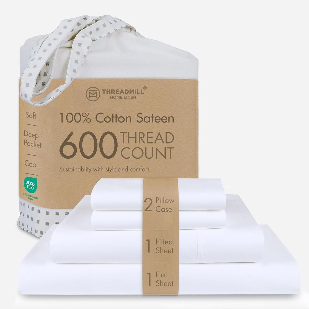 Threadmill 100% Cotton Sheets for King Size Bed - 600 Thread Count King Bed Sheets Set with 16 Deep Pocket - Sateen Weave 4-Piece Bedding Set with Cooling Effect, White (Hotel White Solid)