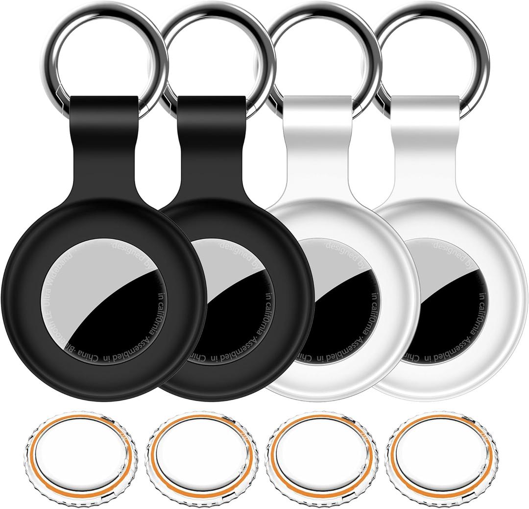 4Pack,for Apple Airtag Holder Case with Keychain,IPX8 Waterproof,Shockproof GPS Air Tag Tracker Cover [Anti-Scratch] [PC+Silicone] for Item Finders Case for Pets,Kids,Luggages-White+White+Black+Black