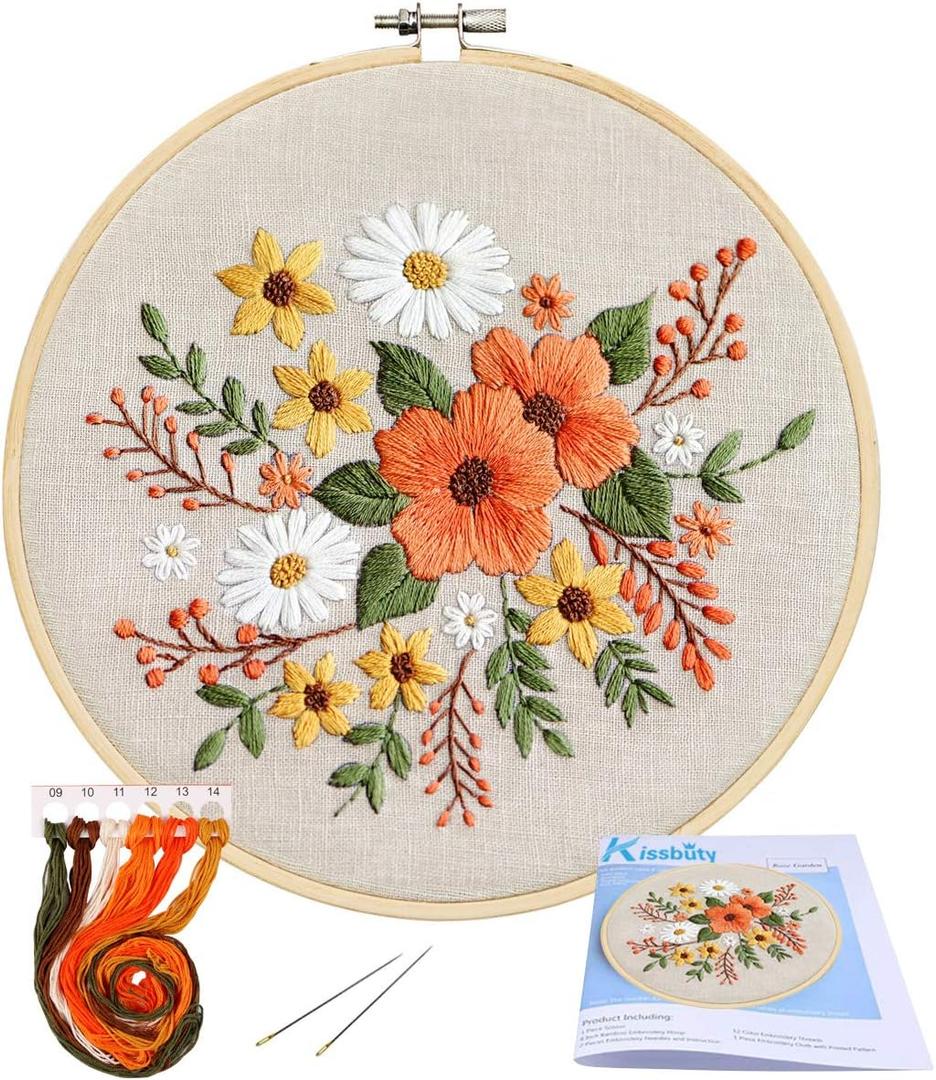 KISSBUTY Embroidery Kit with Pattern, Bamboo Hoop, Color Threads, Floral Pattern (Flowers), for Kid