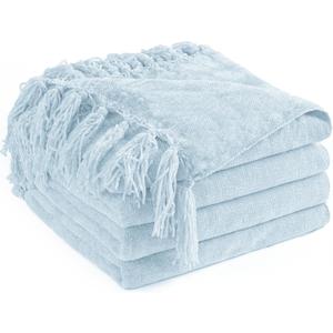 Chenille Throw Blanket for Couch 50"X 60", Soft Cozy Throws with Fringe Tassel for Bed Sofa Chair Cover, Lightweight Knitted Decorative Boho Blankets for Living Room, Light Blue