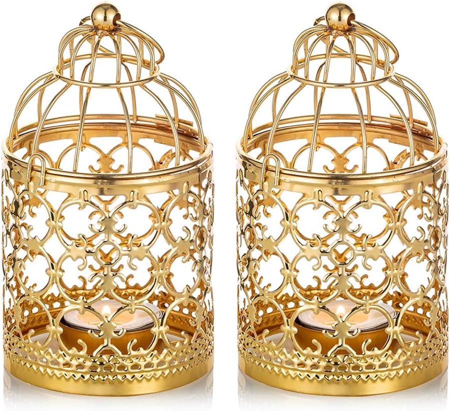 2 Pcs Small Metal Tealight Hanging Birdcage Lantern, Vintage Decorative Centerpieces of Wedding, Party, Gold