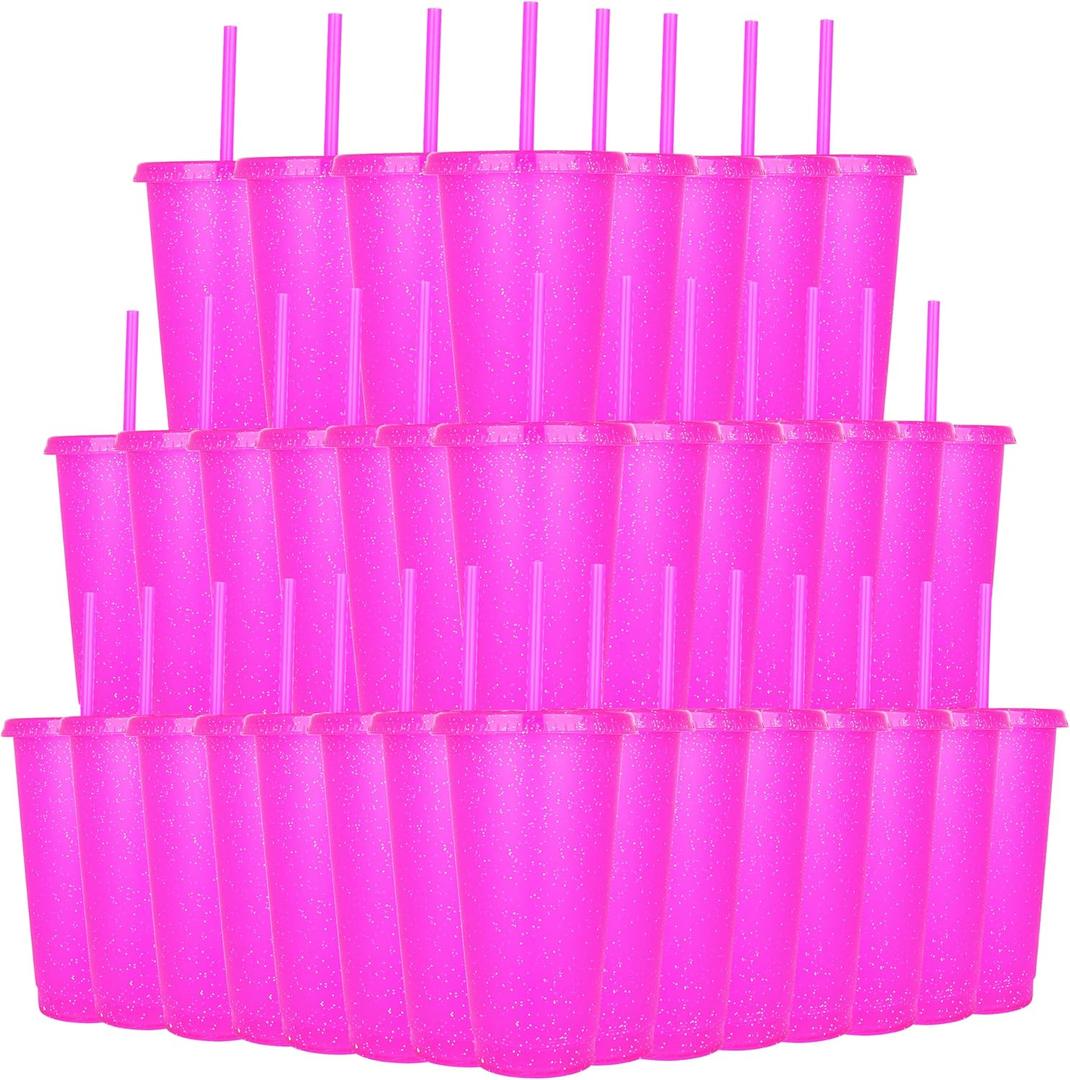 Suertestarry 36 Pack Plastic Reusable Cups 24oz Bulk Tumblers with Lids and Straws for Adults Kid Women Party, Smoothie Cups for Iced Coffee Travel Cup (Rose)