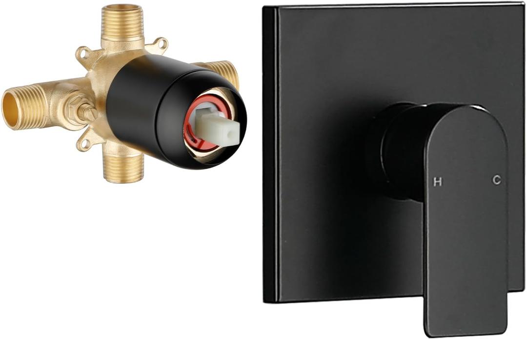 2 Function Shower Valve Kit Single-Handle Shower Valve and Trim Kit Shower Faucet Handle Bathroom Shower Control Valve Kit Rough-In Shower Trim Kit Shower Mixing Valve Matte Black