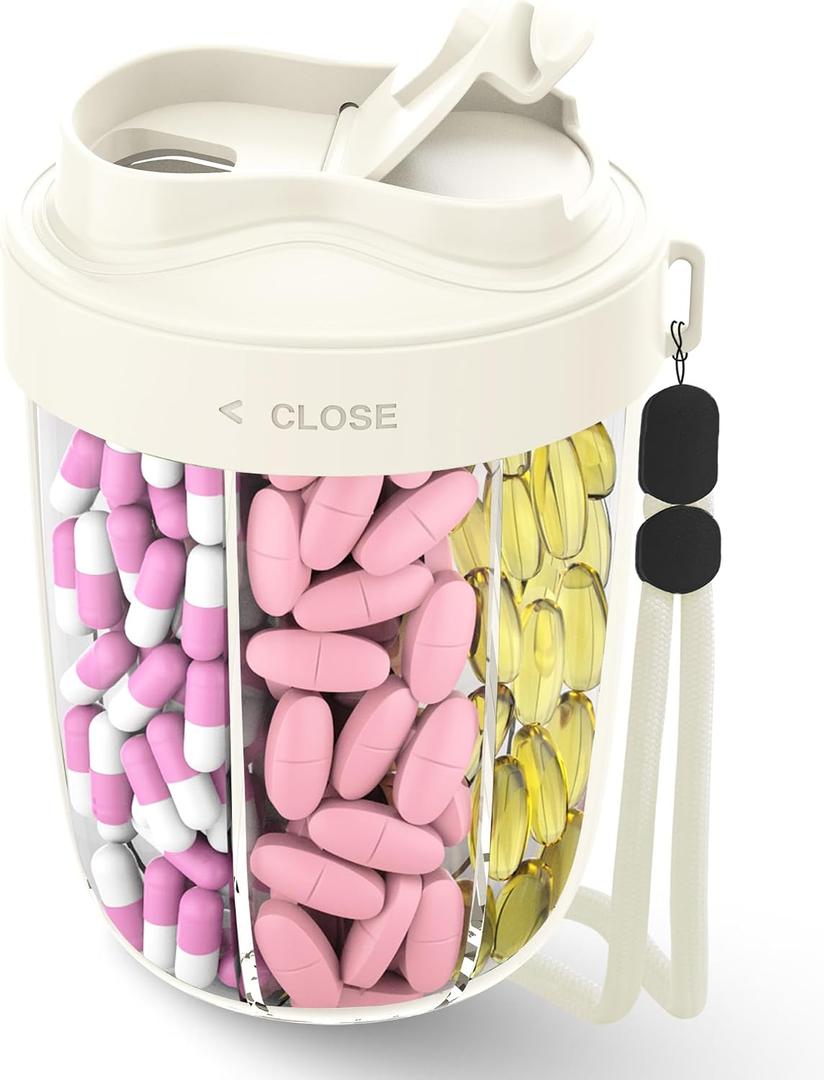 2 x Large Pill Organizer,Supplement Organizer for 7 Different Vitamins,Pill Dispenser with Anti-Mixing Design,Easy to Retrieve Meds,Includes 20 Pcs Labels,Travel Pill Organizer (Cream White)