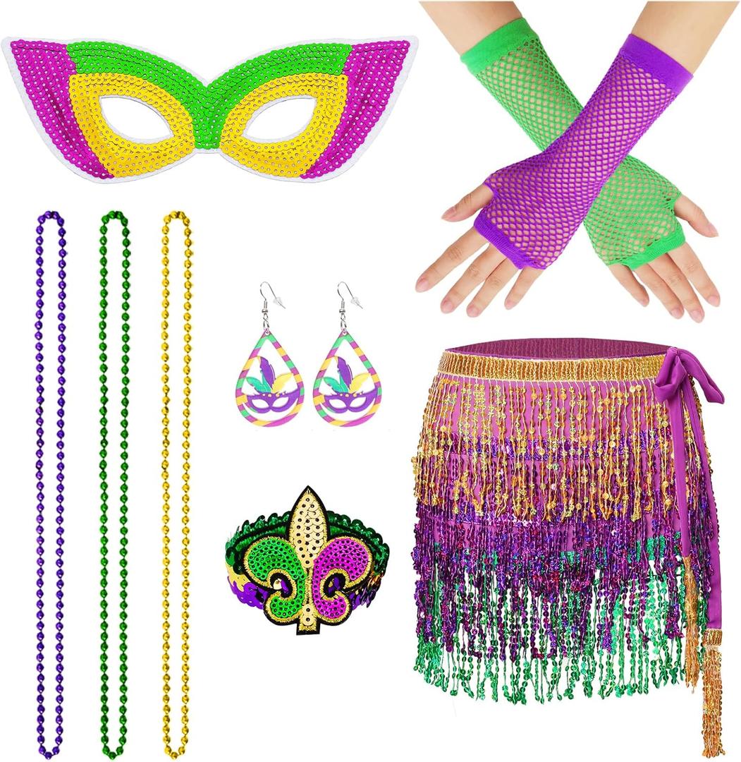 8Pcs Mardi Gras Outfit Accessories Set for Women Mardi Gras Costumes Tassel Sequins Fringe Skirt Beads Necklace Earrings Mask Fishnet Gloves Bracelet Purple