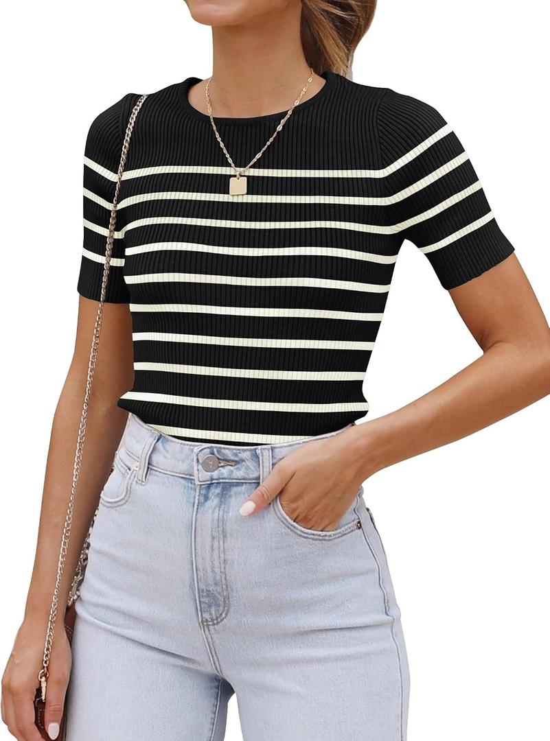 ZESICA Women's Striped Short Sleeve T Shirt 2026 Summer Crewneck Ribbed Knit Fitted Casual Basic Tee Tops Going Out Outfits (Black, XS)