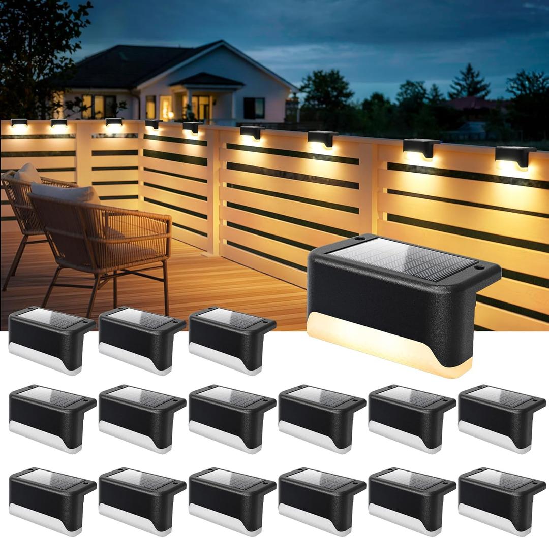 SOLPEX Solar Deck Lights Outdoor, Solar Fence Lights Waterproof LED Step Light for Outside, Patio, Stair, Garden, Yard, Railing, Front Porch, Balcony Decor (16 Pack Warm White) (Black)