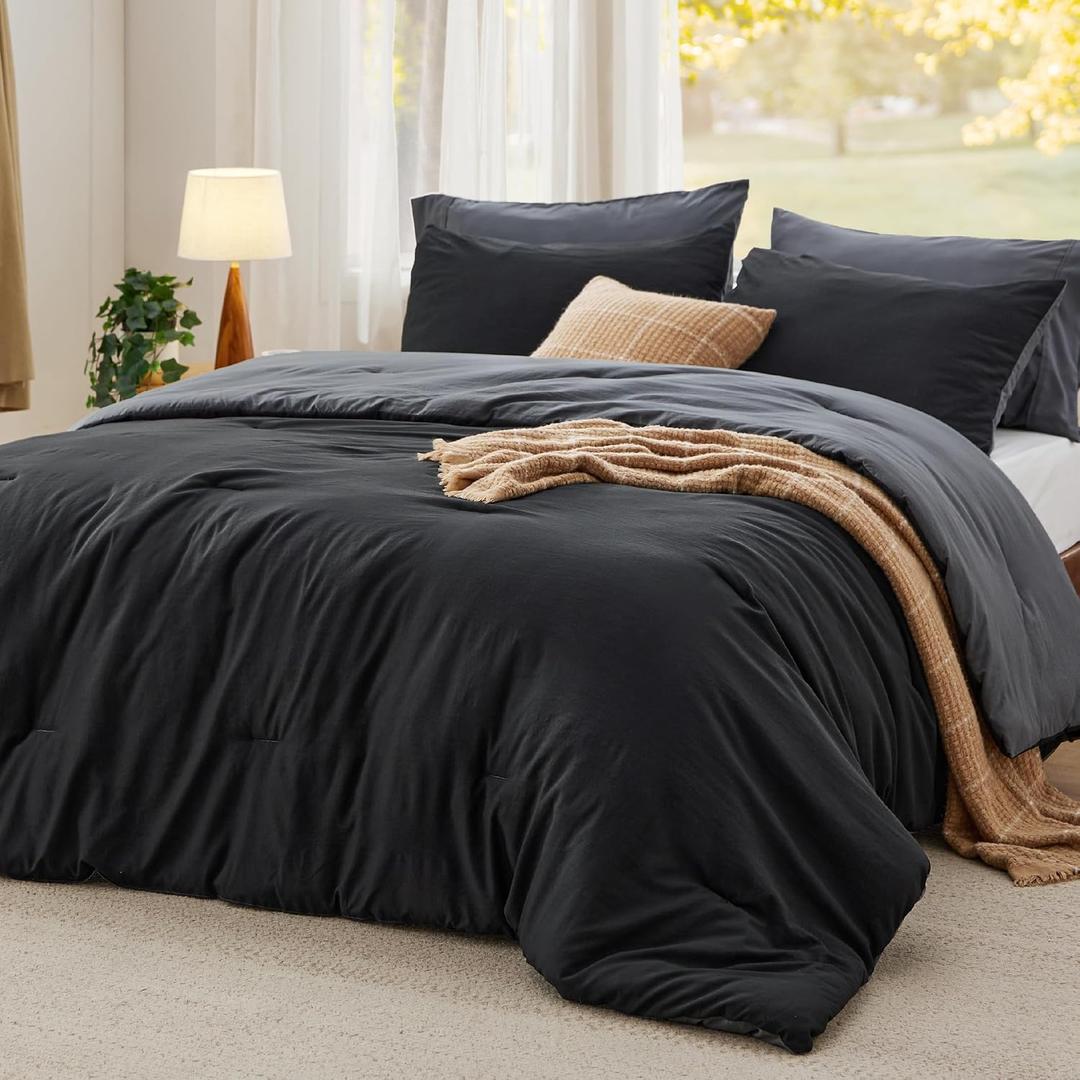 Bedsure Queen Comforter Set, Black Grey Soft Prewashed Bedding for All Seasons, 3 Pieces GentleSoft Bed Set, 1 Lightweight Comforter (90"x90") and 2 Pillowcases (20"x26")