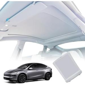 Autekcomma Power Sunshade Roof for Tesla Model Y Juniper 2025 Automatic Retractable Sunshade Roof Heat Insulation, 5 Layer 99.9% UV Protection, Tesla Interior Gray Hidden Wires