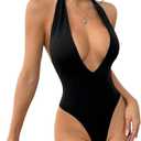 Milumia Women's Deep V Neck Halter Bodysuit Backless Slim Fit Sexy Top S