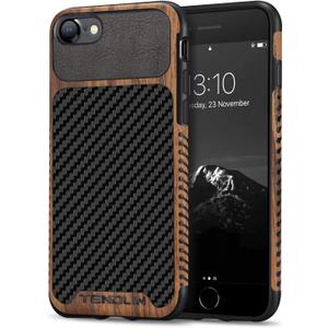TENDLIN Compatible with iPhone SE 2022/SE 2020/8/7 Case Wood Grain Carbon Fiber Texture Design Leather Hybrid Slim Case Black