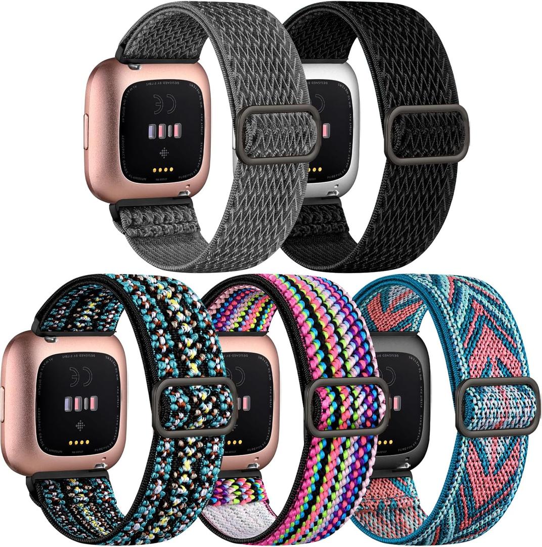 DaQin Elastic Sport Nylon Band Compatible with Fitbit Versa 2 Watch Bands Women Men, 5 Pack Adjustable Stretchy Solo Loop Wristband for Versa/Versa Lite/SE/Fitbit Versa 2 Bands Women of Smartwatch (Boho/GreenArrow/Color/StormGray/Black)