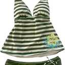Y2k Tankini Striped Bikini Set Cute Kawaii Swimsuit 2 Piece 2000s Bathing Suit Vintage Floral Print Grunge Emo Alt Swimsuit (US, Alpha, Small, Regular, Regular, Green)