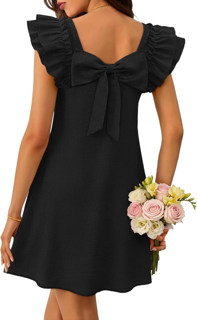 MEROKEETY Women's Spring Ruffle Sleeve Bow Mini Dress 2026 Summer Square Neck Casual Cute Shift Sundress Pockets (Black, Small)