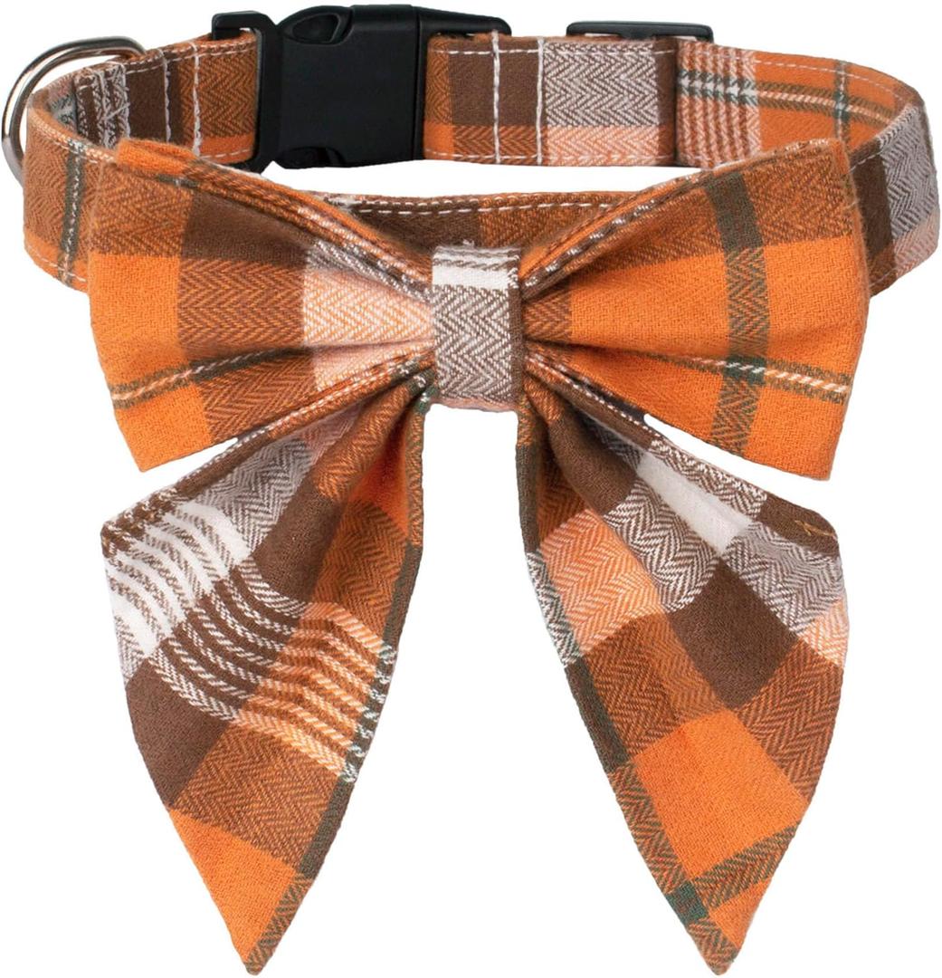 ADOGGYGO Fall Dog Collar with Bow, Halloween Thanksgiving Pet Bowtie Collar, Adjustable Cotton Orange Fall Collars for Small Dogs Pets (Small)