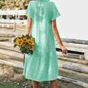 chouyatou Women's Summer Flutter Sleeve Midi Long Gingham Dress Plaid Button Down Shirt Dress (Green, XL)