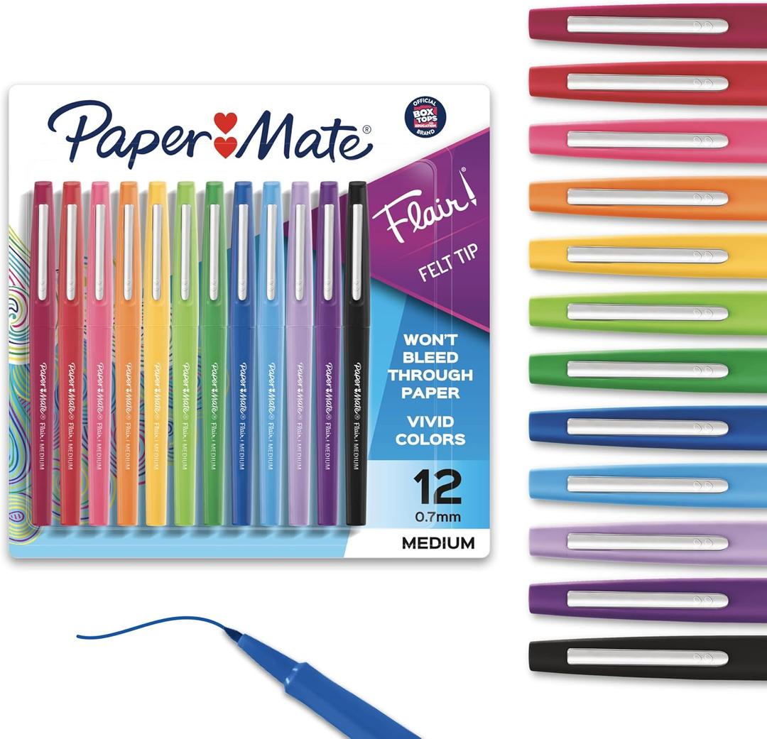 Paper Mate Flair Felt Tip Pens, Medium Point (0.7mm), Assorted Colors, 12 Count - For Arts & Crafts, Note-Taking, Journaling, School Supplies for Teachers & Students