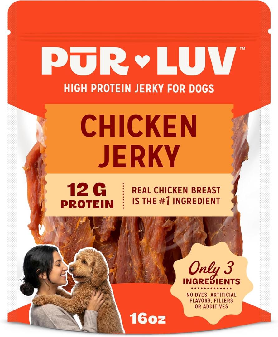 Pur Luv Chicken Jerky Dog Treats, Made with 100% Real Chicken Breast, 16 Ounces, Healthy, Easily Digestible, Long-Lasting, High Protein, Satisfies Dog's Urge to Chew (1 Pound (Pack of 1))