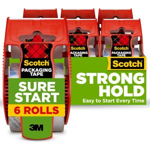 Scotch Sure Start Shipping Packaging Tape, 1.88" x 22.2 yd, Designed for Packing, Shipping and Mailing, Quiet Unwind, No Splitting or Tearing, 1.5" Core, Clear, 6 Dispensered Rolls (145-6)
