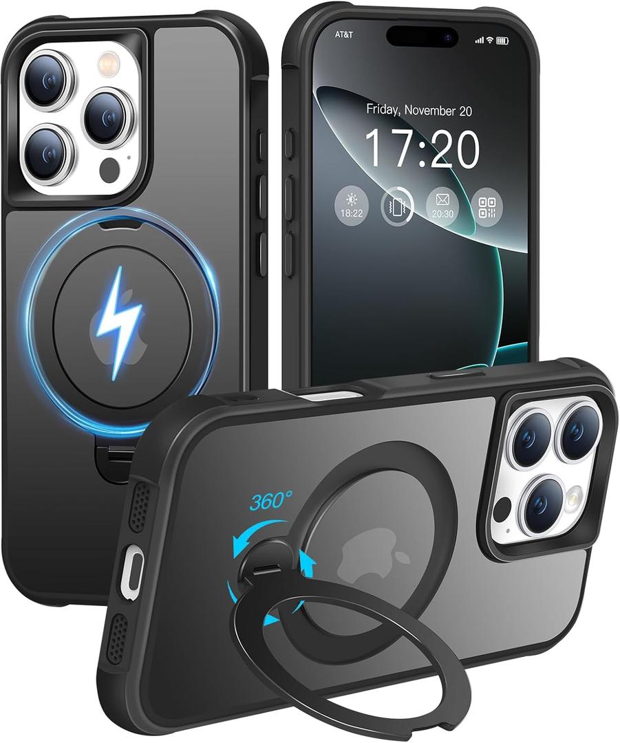 HuwaiH 360 Rotatable Magnetic Ring Stand for iPhone 16 pro max Case, Compatible with MagSafe, Military-Grade Shockproof, Anti-Scratch Matte Translucent Phone Case for iPhone 16 pro max (Black)