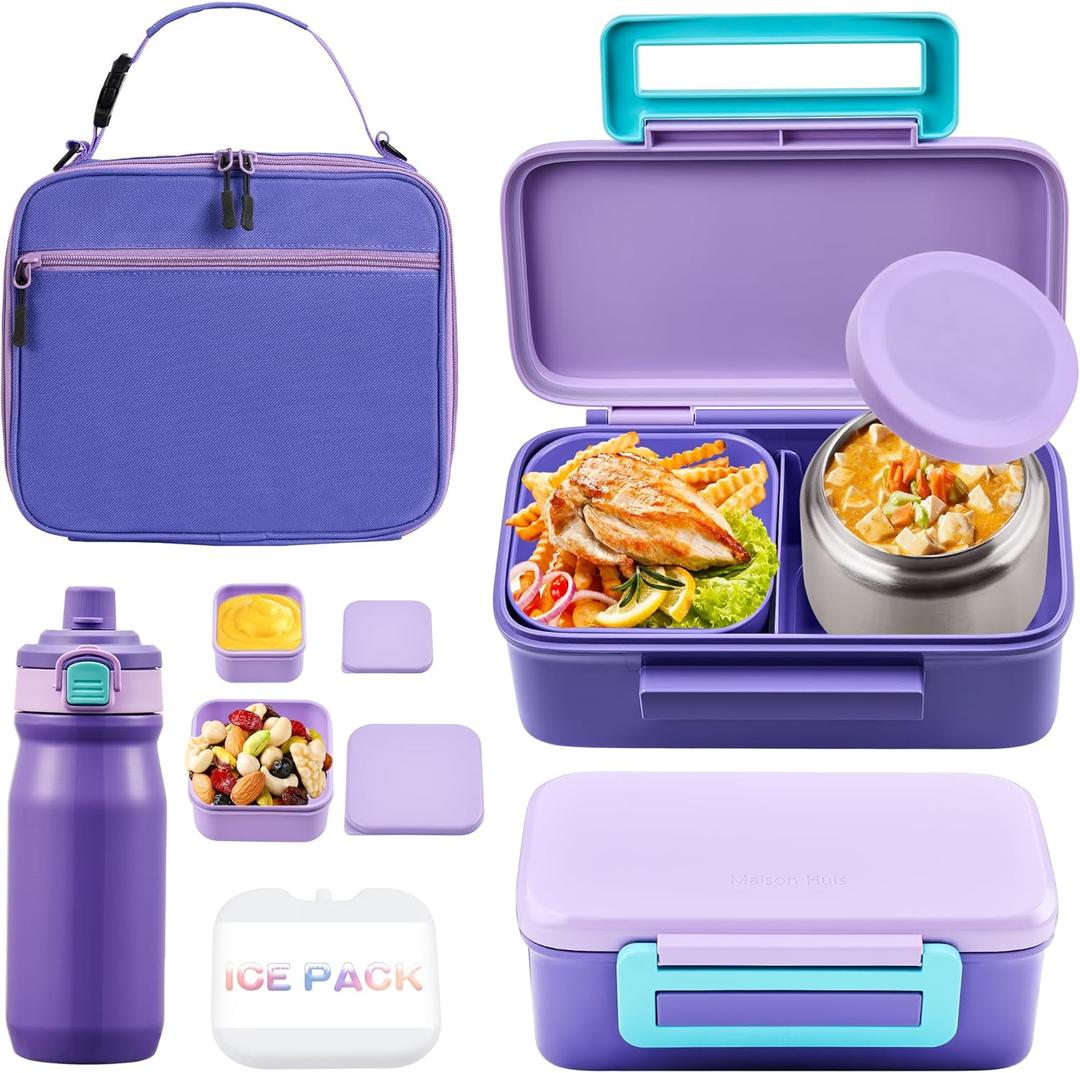 JXXM Bento Lunch Box for Kids With 8oz Thermo, Leakproof Bento Box with with 2 Compartments, Insulated Bottle, Lunch Bag, BPA Free Dishwasher Safe for School Girls Boys (Purple)
