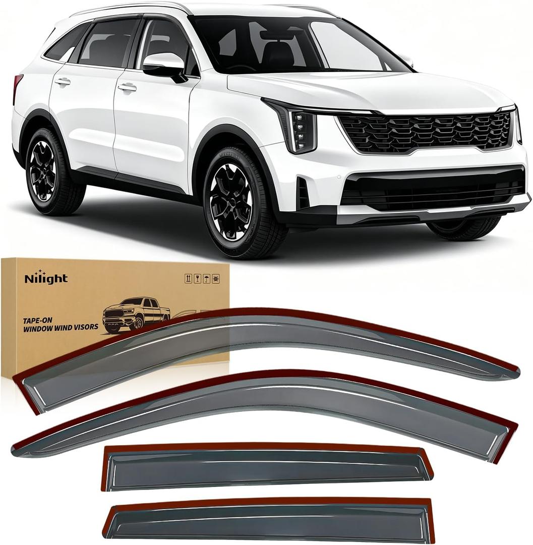 Nilight Tape-On Rain Guards for Kia Sorento 2021-2026, Dark Smoke Tinted Out-Channel Window Visors, Vent Deflectors for Fresh Air, Rain & Wind Protection, 4PCS