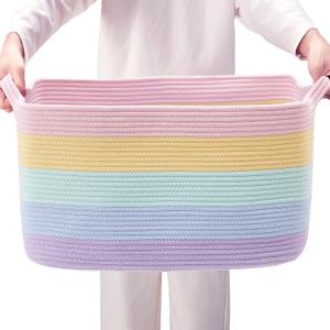 75L Extra Large Rainbow Cotton Rope Storage Basket for Blanket, 22"Lx16"Wx12"H Rectangle Woven Basket for Toys Clothes in Living Room Bedroom for Baby Nursery Kids Toy Box for Girls