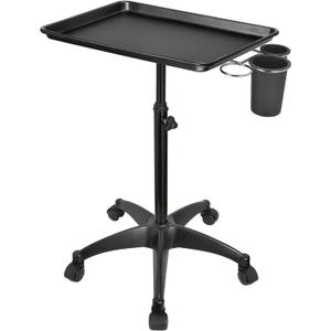 JOSTZHXIN Salon Rolling Tray, Tattoo Tray Rolling Cart, Height Adjustable Styling Tray, Service Storage Tray Trolley for Beauty Salon Clinic Spa,Black-with Cup Holder