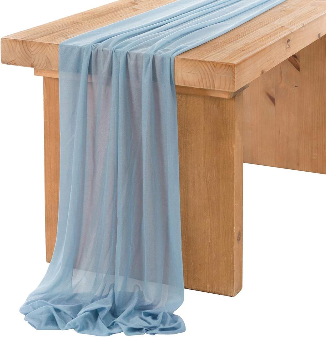 Ling's Moment 14Ft Dusty Blue Sheer Chiffon Like Table Runner with Silver Sparkle for Wedding Rustic Boho Wedding Party Bridal Shower Decorations Birthday Party
