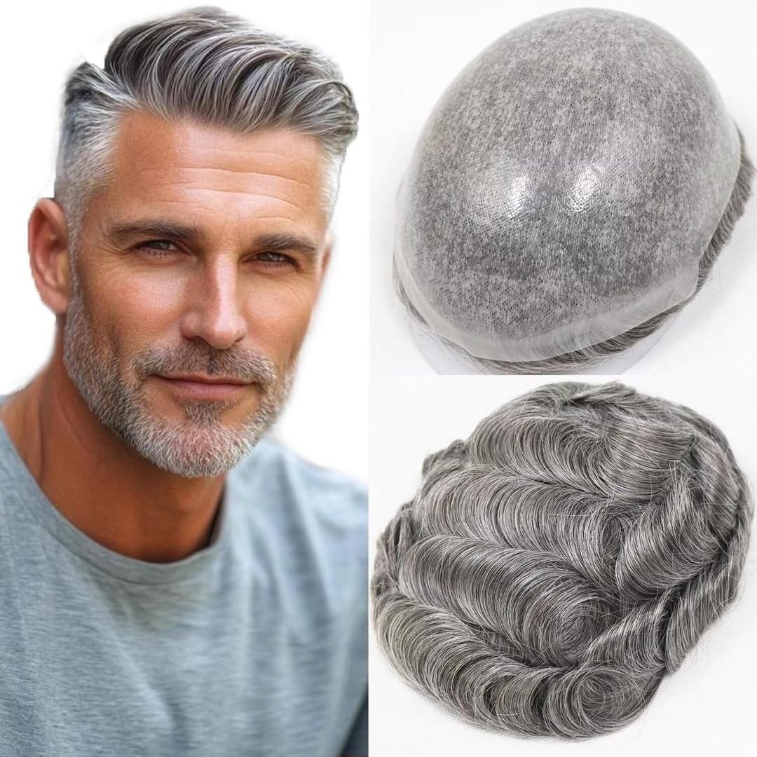 HAPPY&CC Toupee for Man Thin Skin PU Men's Hairpiece European Virgin Human Hair Replacement System Pieces Male Hair Prosthesis Unit for Men #3 Dark Brown with 60% Synthetic Gray 10x8inch