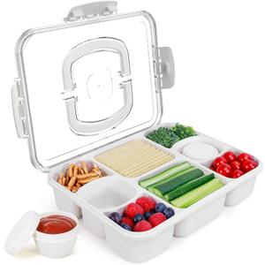 Large Snackle Box Container with 2 Sauce Cups, 8-Compartment Divided Serving Tray with Lid & Handle, Portable Snack Tray for Travel Picnic, Leak-Proof, Dishwasher Safe, BPA-Free