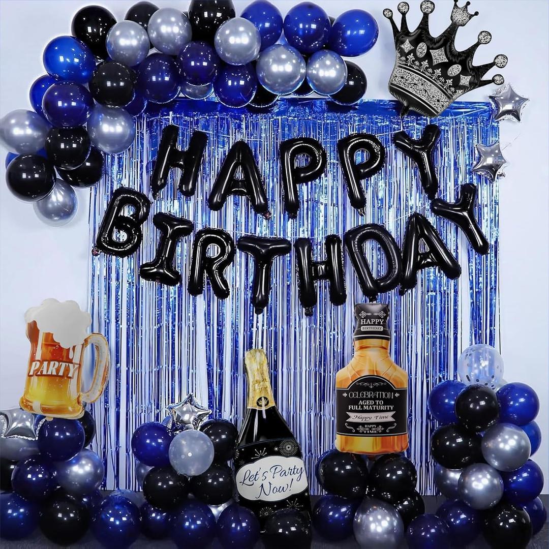 Blue and Black Happy Birthday Decorations for Men,Birthday Decorations with Banner, Fringe Curtains,Foil Balloons, Balloon Kits for 21st,25th 27th 30th 35th 40 50 60th Birthday Decorations