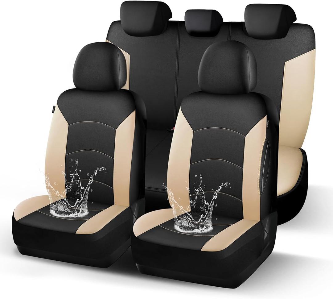 HChengkikz Car Seat Covers Full Set, Waterproof Neoprene Car Seat Covers, Airbag Compatible, Universal Automotive Seat Covers for Most Sedans, SUVs, Trucks (Black + Beige)