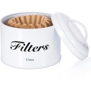 Uross Coffee Filter Holder Storage with Lid- Rustic Container Basket Round Filters Storage Canister Filters Organizer Case Dispenser Coffee Bar Accessories Decor (White) (Circle)